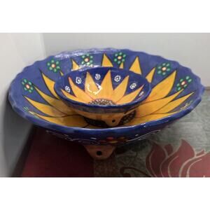 Mexican Talavera Folk Sunflower Chip and Dip Bowl Set 2 Pieces